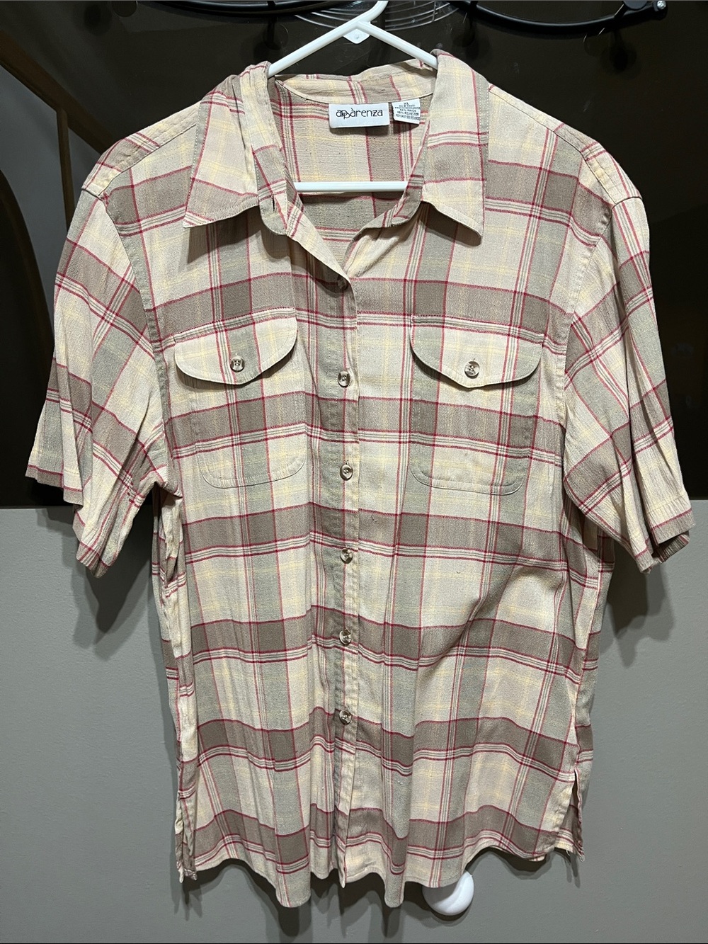 Apparenza Short Sleeve Plaid Button-Up Shirt - Cream/Red